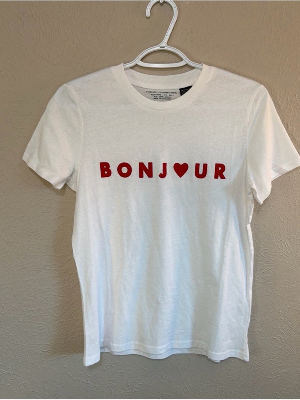 Bonjour Heart Graphic Tee - White with Red Print